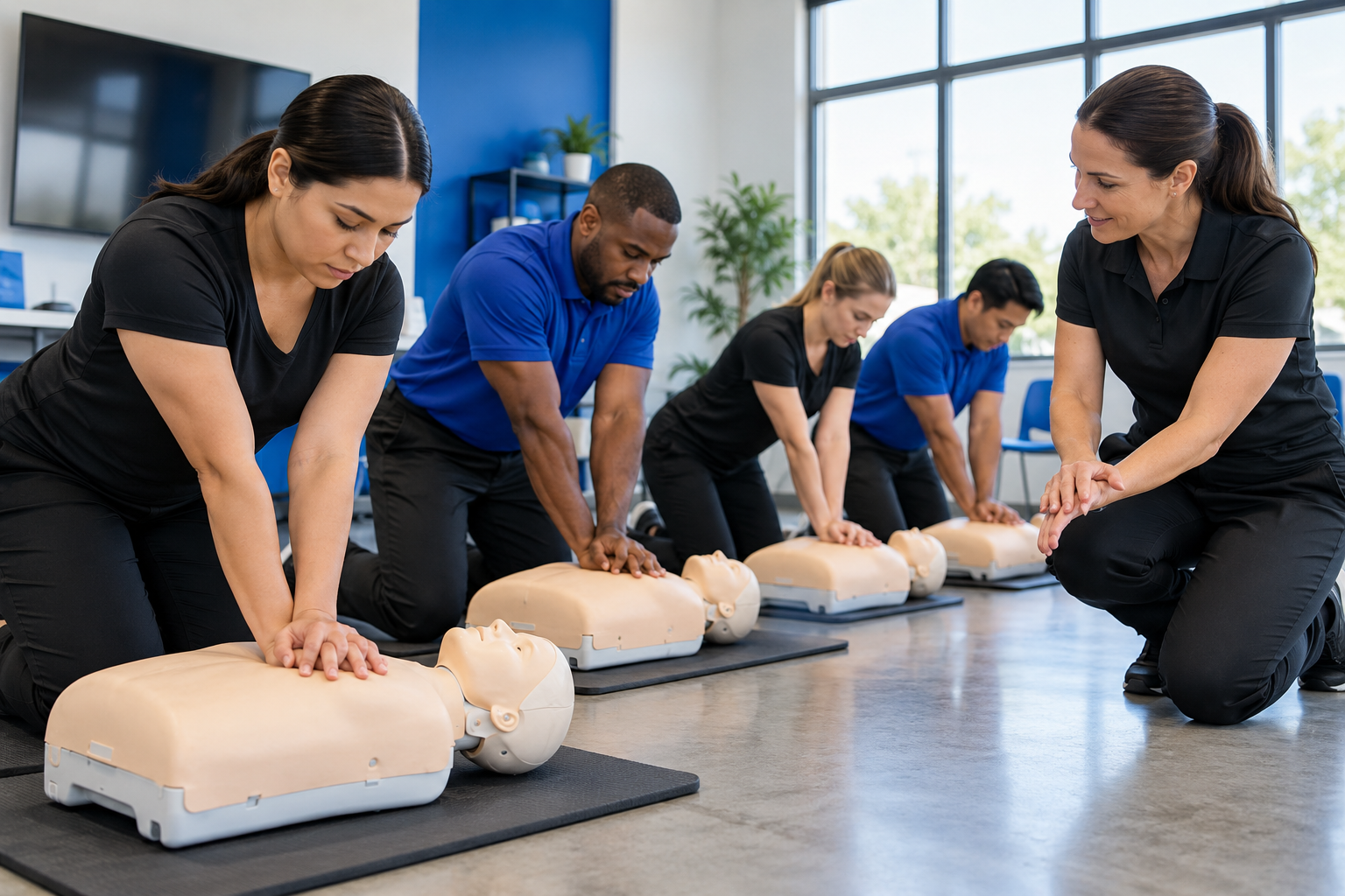 Illustrative workplace CPR training with adults practicing on mannequins