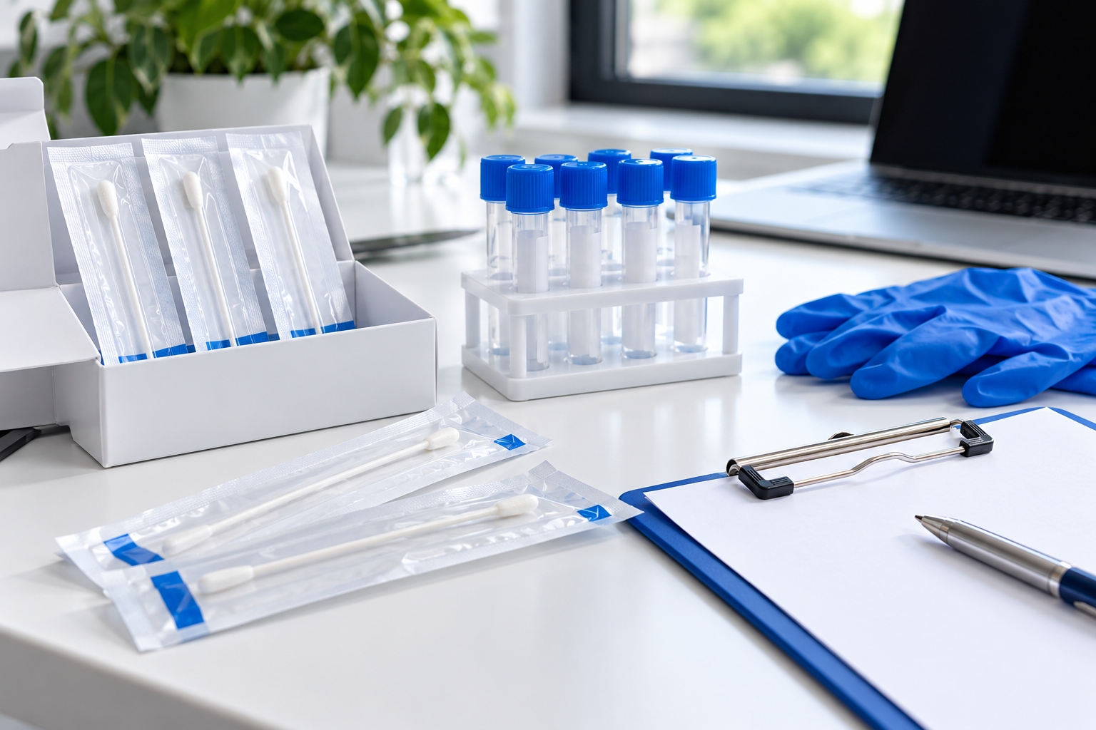 Illustrative DNA collection supplies with packaged cheek swabs and specimen tubes