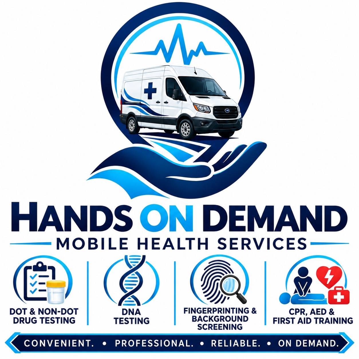 Hands On Demand Mobile Health Services final logo, featuring a medical van, hand, and mobile service illustrations