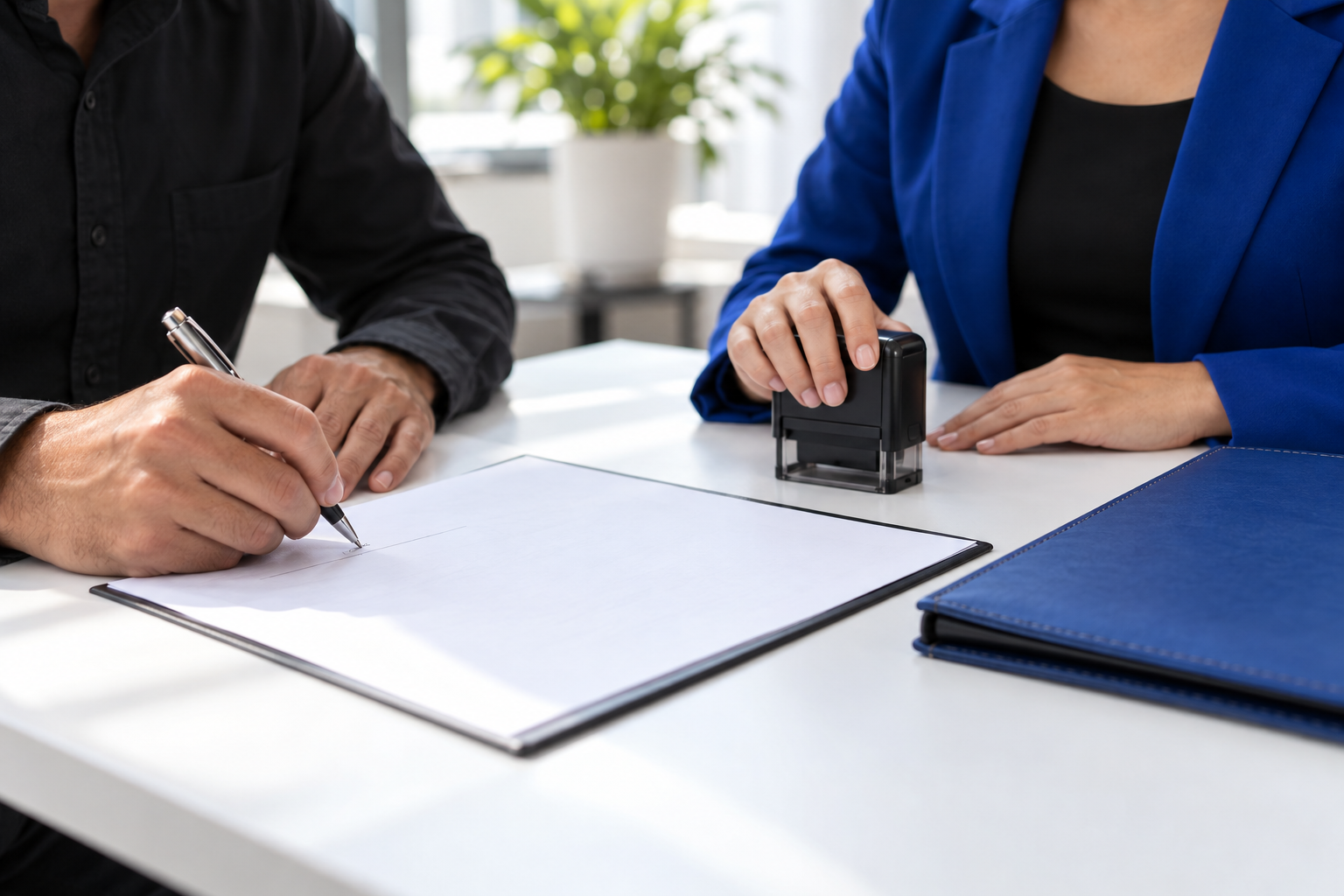 Illustrative mobile notary appointment with document signing and a notary stamp