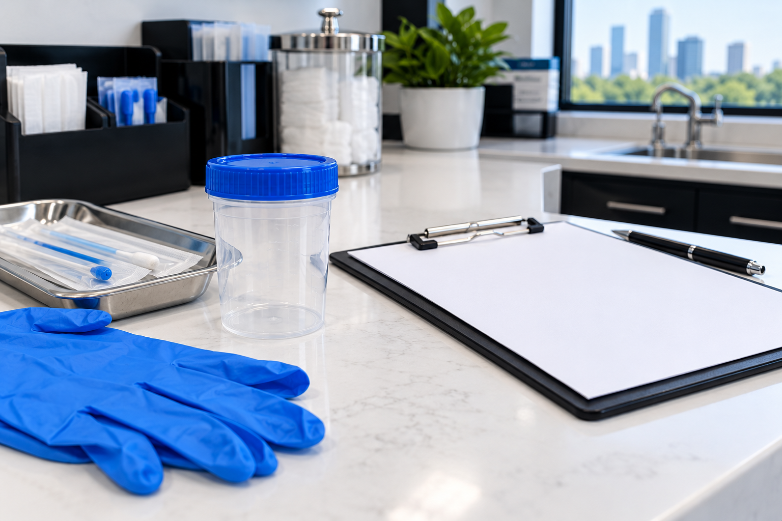 Illustrative specimen collection supplies with a sealed cup, swabs, gloves, and clipboard